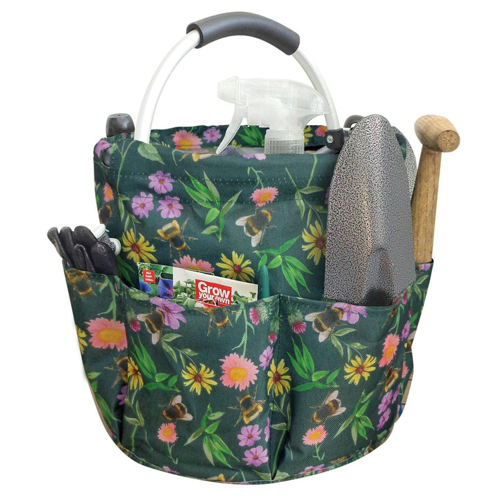 Gardening tool caddy with floral meadow bee pattern with tools inside on a white background