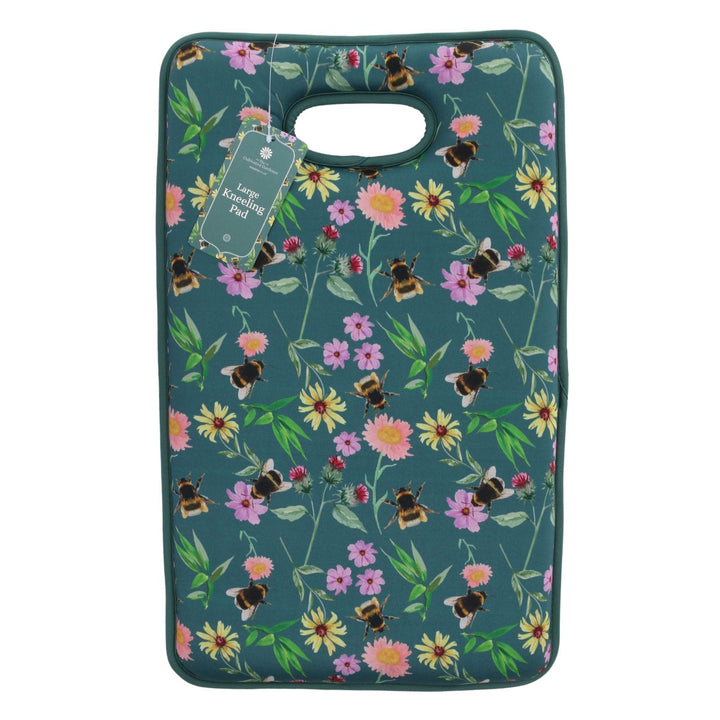 top view of floral patterned large kneeling pad with meadow bee design in green