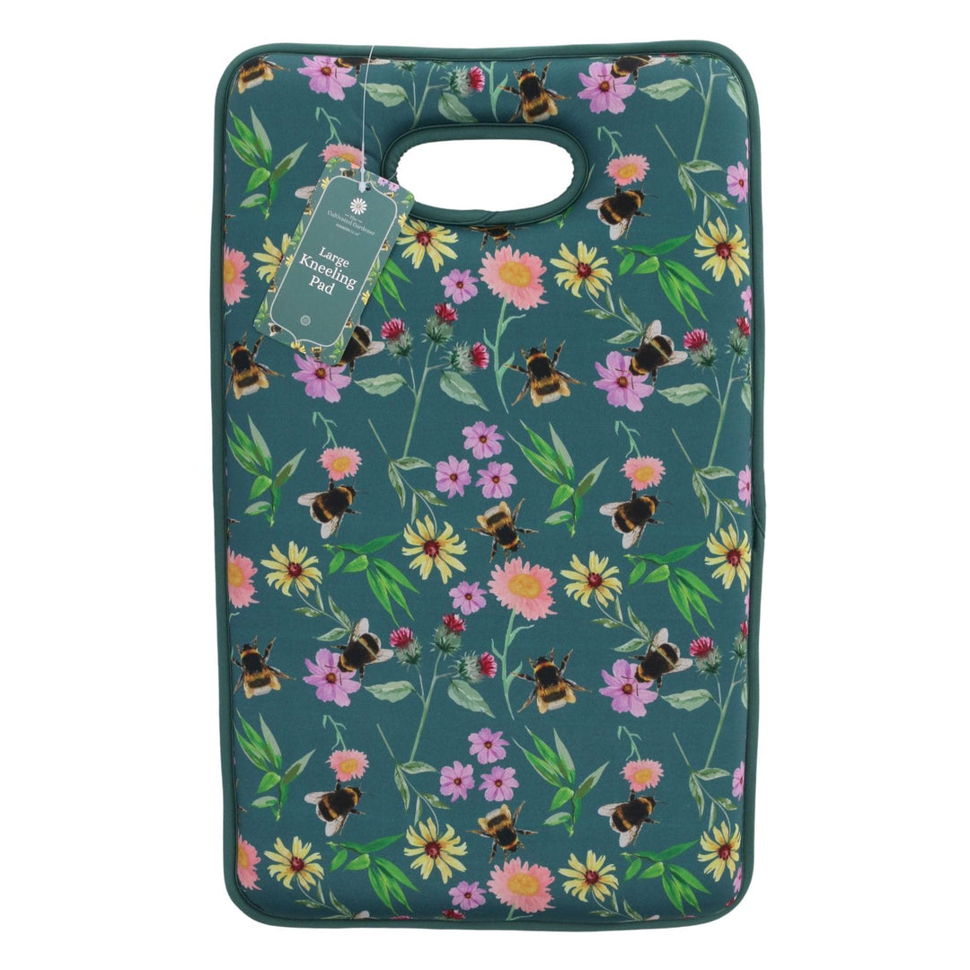 top view of floral patterned large kneeling pad with meadow bee design in green