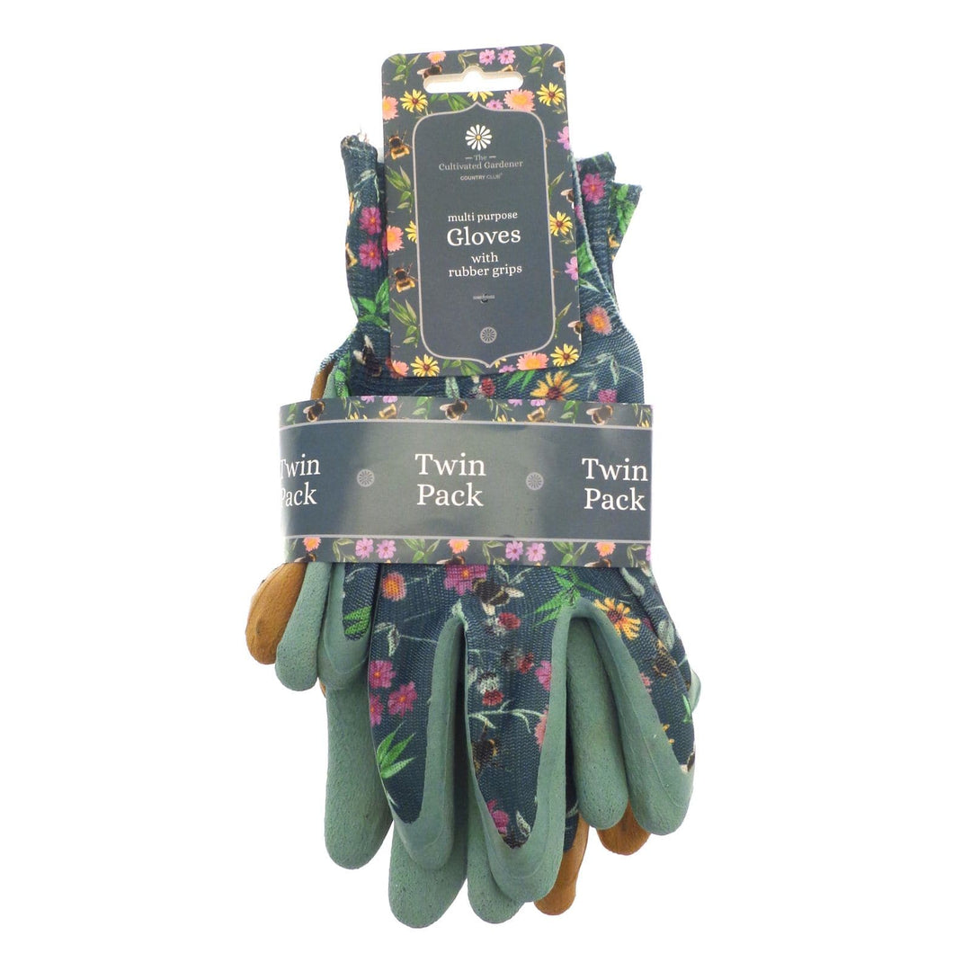 twin pack set of garden gloves with rubber grips and meadow bee design