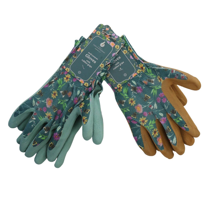 set of 2 gardening gloves with rubber grips on white background