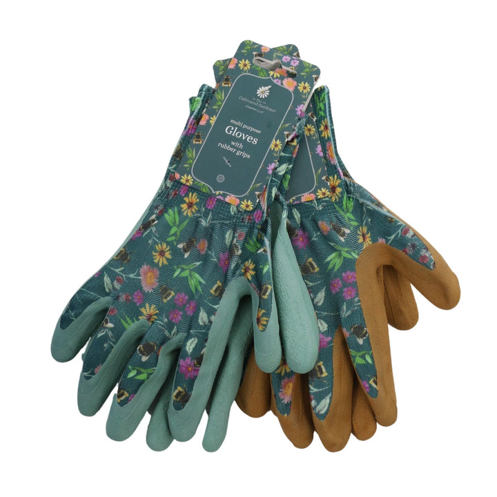 set of 2 garden gloves with rubber grips on a white background