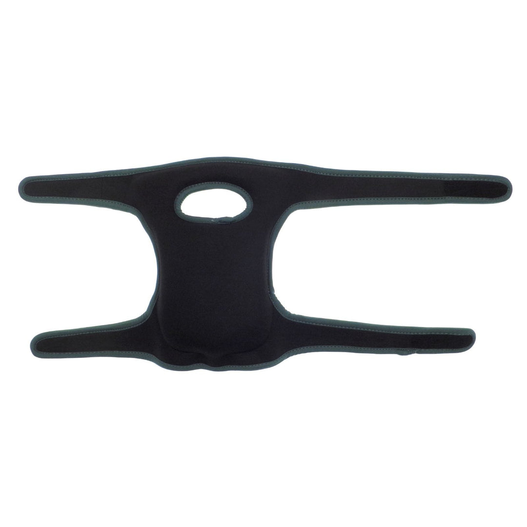 reverse view of knee pads with hook and loop fasteners and black solid colour reverse