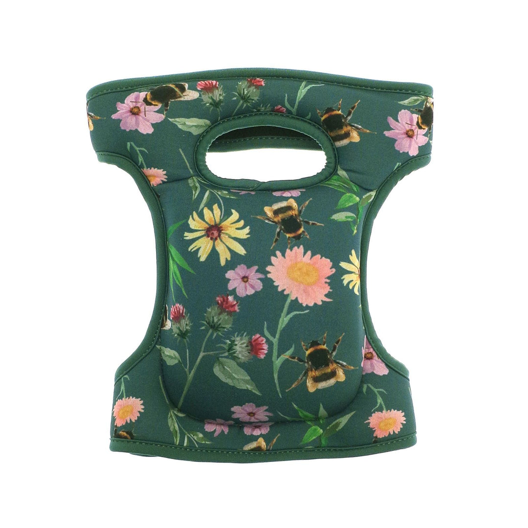 single knee pads in green with floral pattern featuring bees on white background