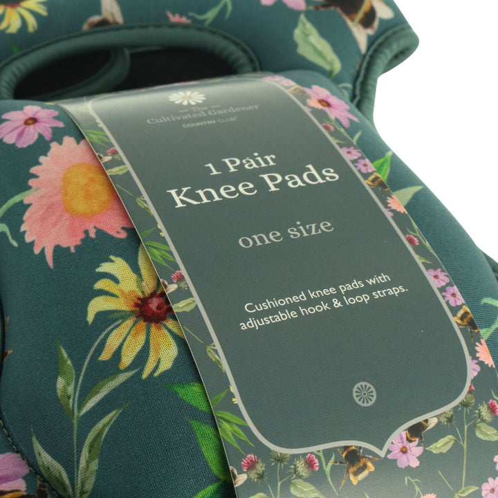 Floral-patterned knee pads with a label indicating '1 Pair Knee Pads, one size'.