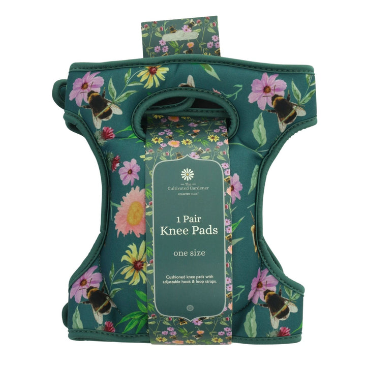 1 pair of Floral knee pads with bee design and paper packaging on a white background