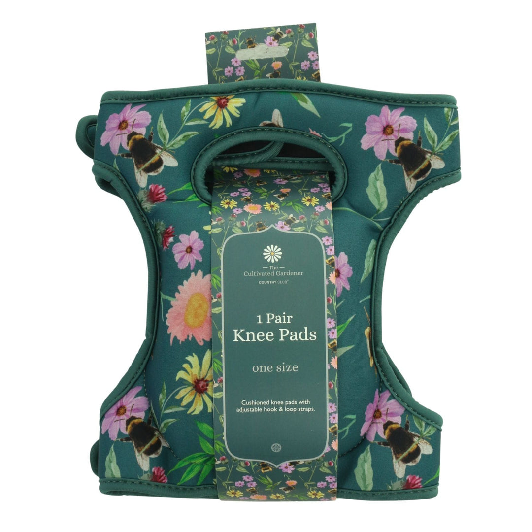 1 pair of Floral knee pads with bee design and paper packaging on a white background