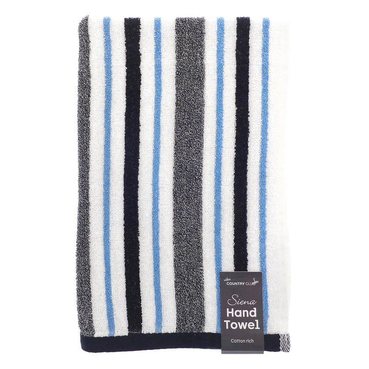 Blue grey and white striped cotton rich hand towel with label