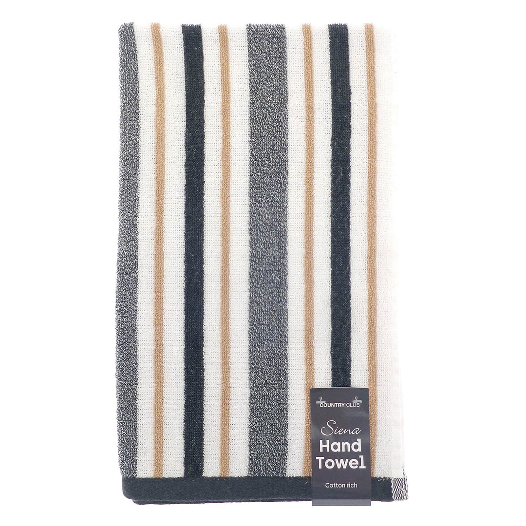 Beige grey and white striped hand towel with label