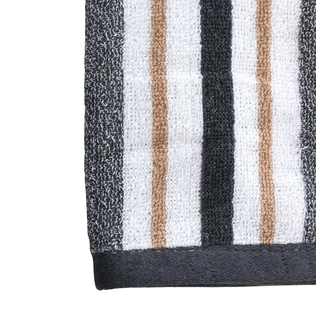 Close up of looped terry towelling fabric in white beige and grey stripes