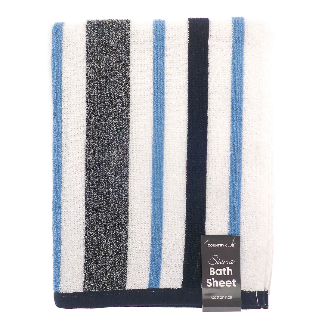 Blue grey and white striped cotton rich bath sheet towel with label