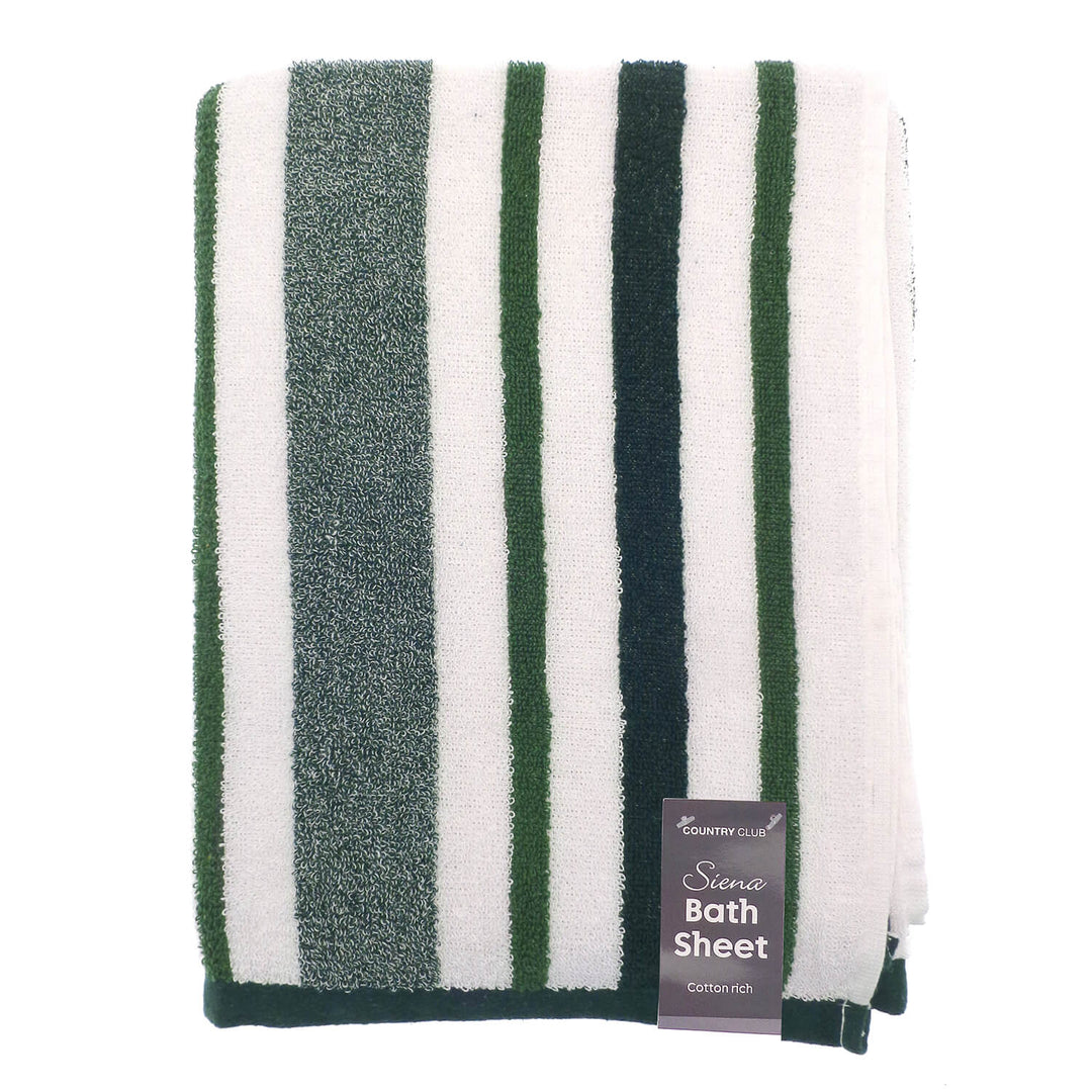 Green grey and white striped cotton rich bath sheet with label