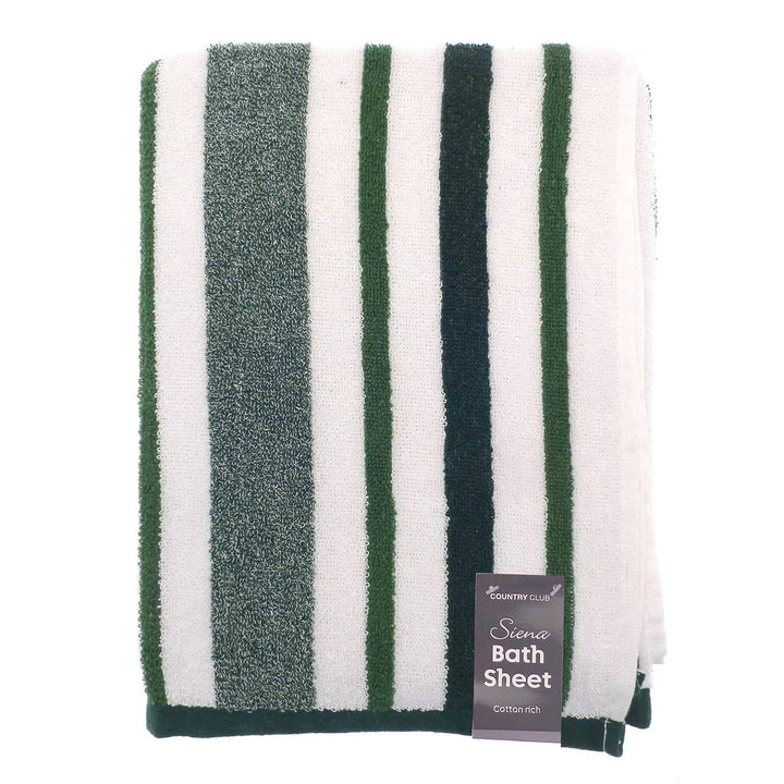Green grey and white striped cotton rich bath sheet with label