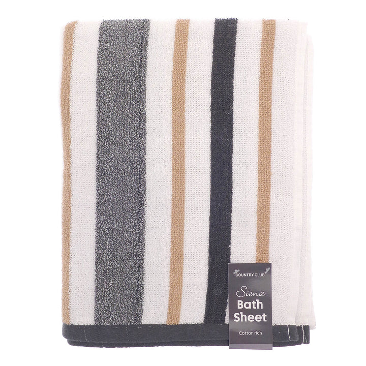 Beige grey and white striped cotton rich bath sheet with label