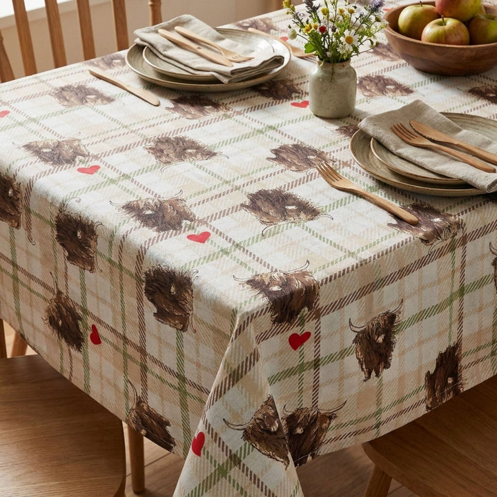 Tablecloth with highland cow pattern on a dining table