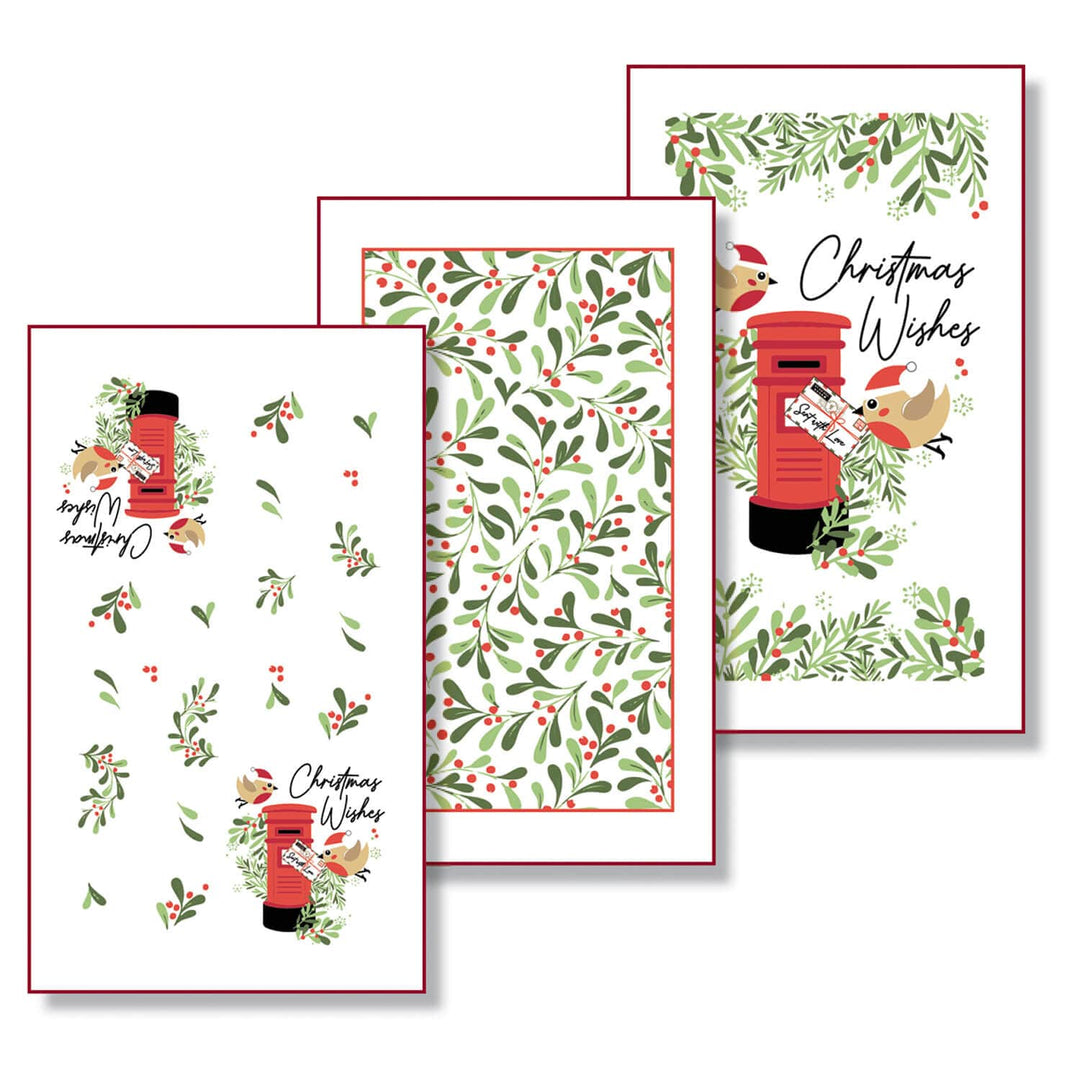 Set of 3 Christmas designs with post boxes and robins in green and red on white background