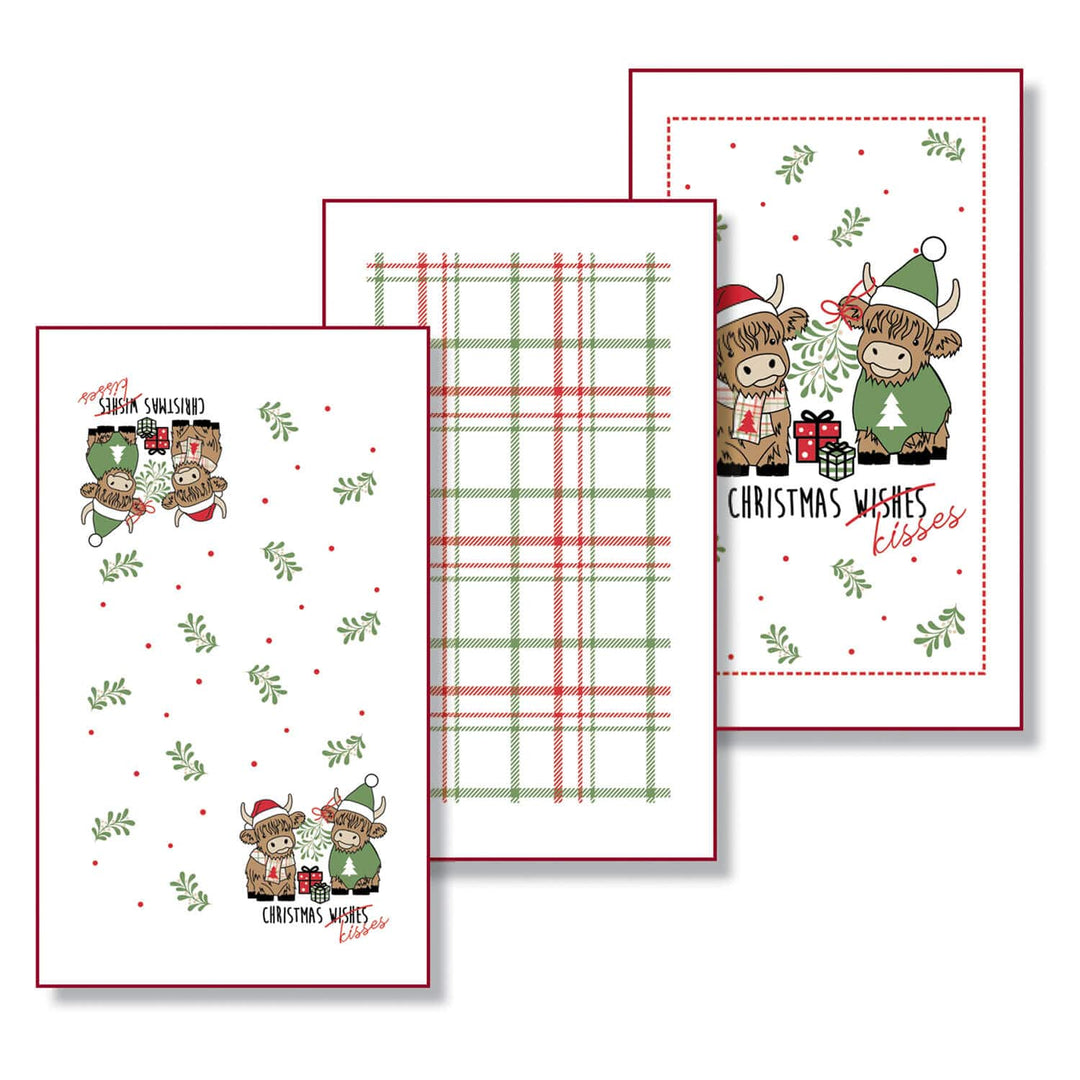 Set of 3 Highland Cow Christmas dish drying towels in green and red on white