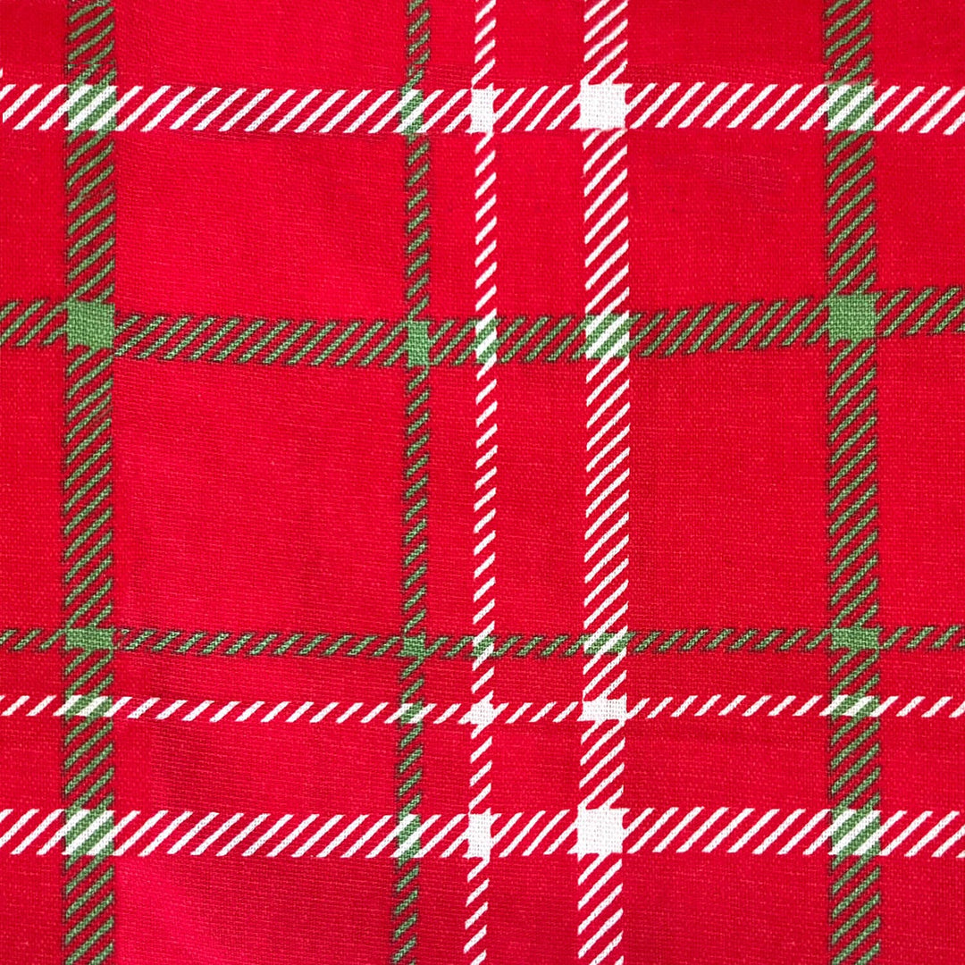 Detail of red tartan fabric with green and white stripes