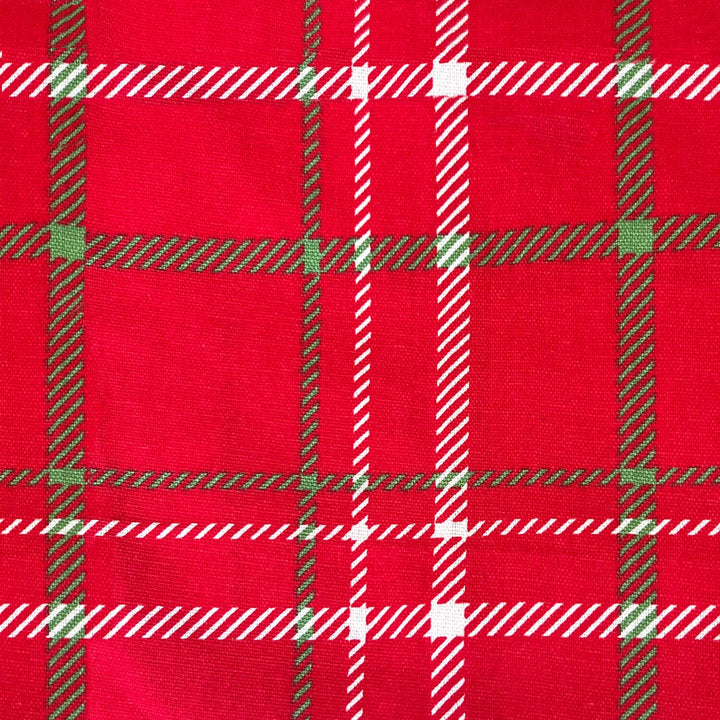 Detail of red tartan fabric with green and white stripes