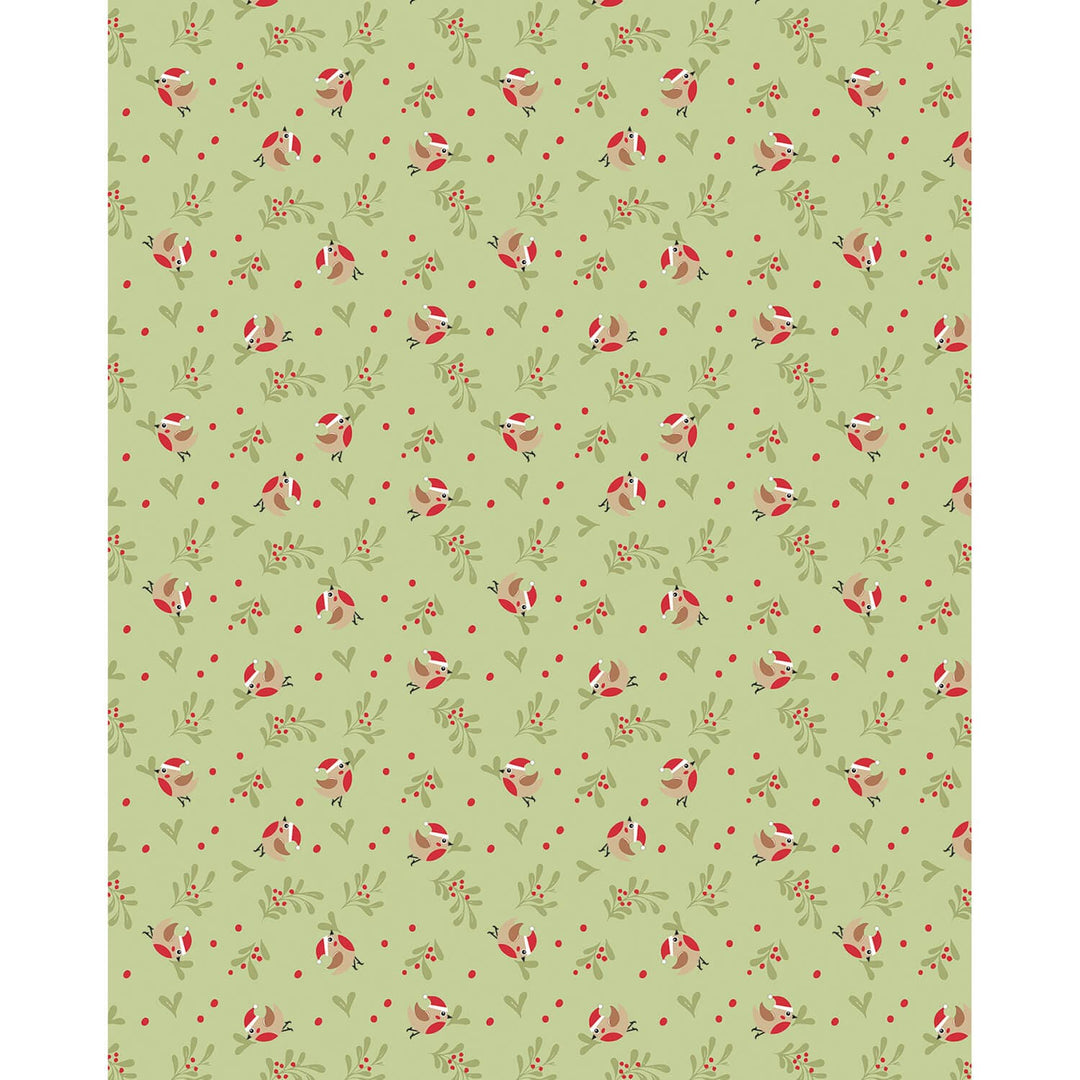 A repeating pattern of festive robins with white faces and black outlines, scattered among green leaves and red berries on a light sage green background.