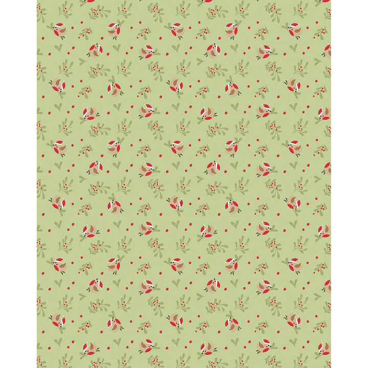 A repeating pattern of festive robins with white faces and black outlines, scattered among green leaves and red berries on a light sage green background.