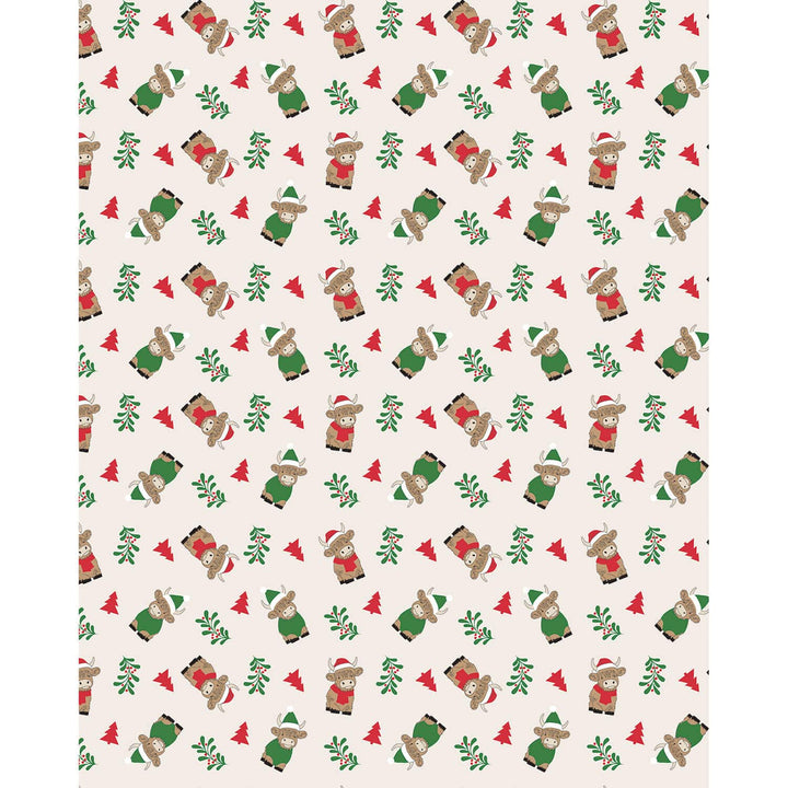Highland cows with green and red Christmas hats pattern blanket on a cream background