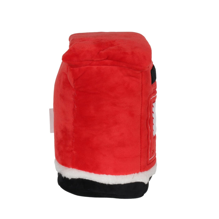 side view of red plush door stop on plain white background