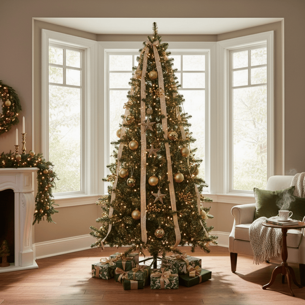 Enchanted tree dressed in Gold Ornaments and Bold Effect Ribbon with Gifts around the base.