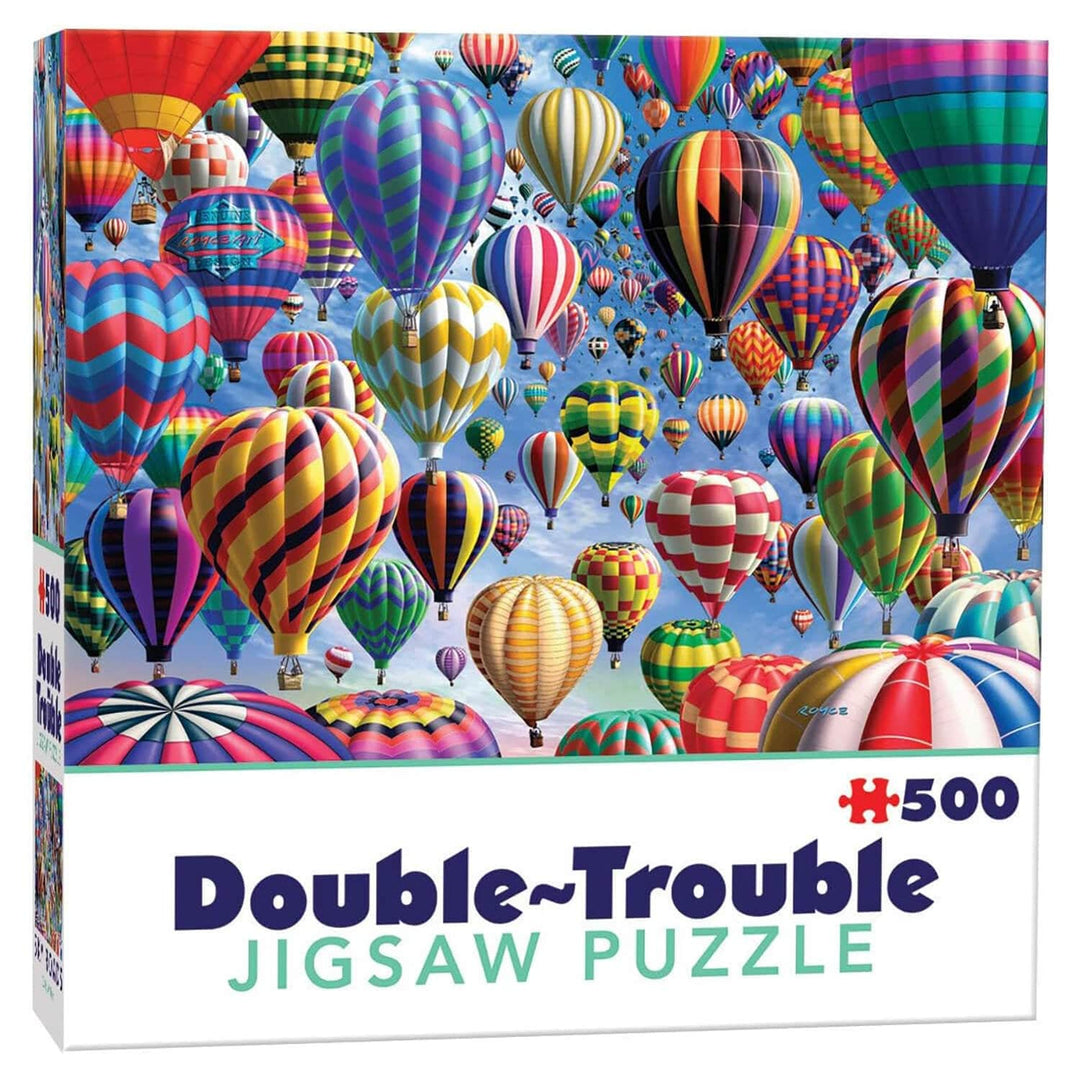 Double Trouble 500 Pieces Jigsaw Puzzle box with colourful hot air balloons in the air