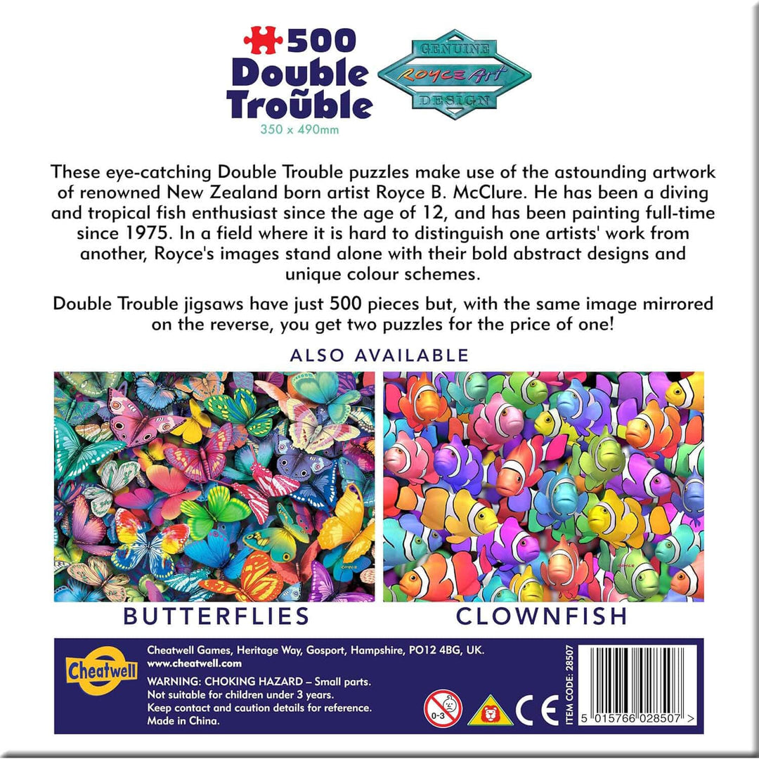 Back of a Double Trouble jigsaw puzzle packaging with artwork description and product details.