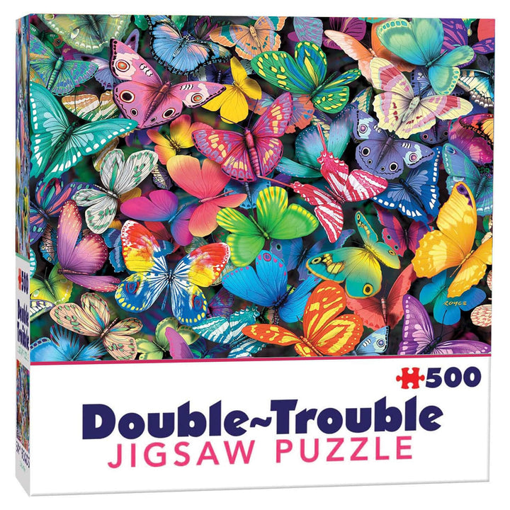 Double Trouble Jigsaw Puzzle box with colorful butterflies on a white background