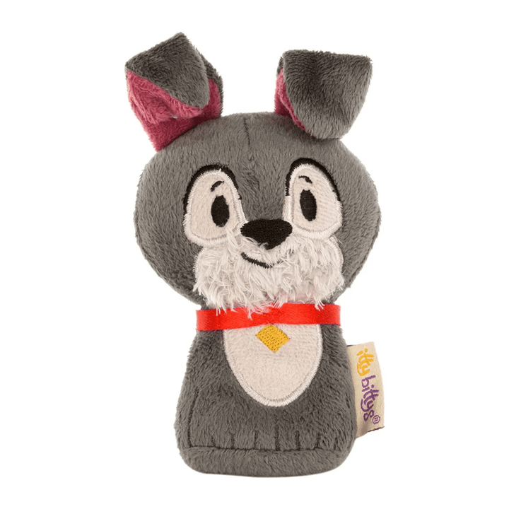 tramp plush toy, grey dog with red collar and itty bitts label to the side