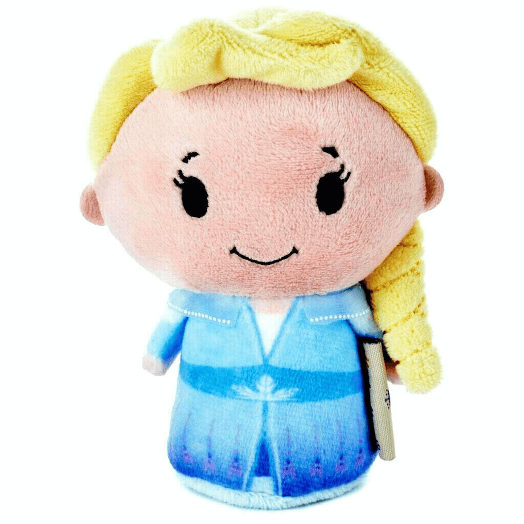 plush elsa toy with blonde hair and blue dress on white background