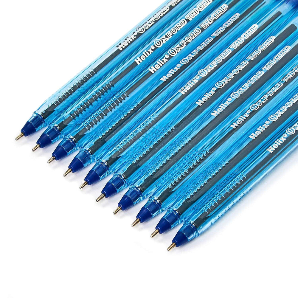 Row of blue pens with visible branding on a white background