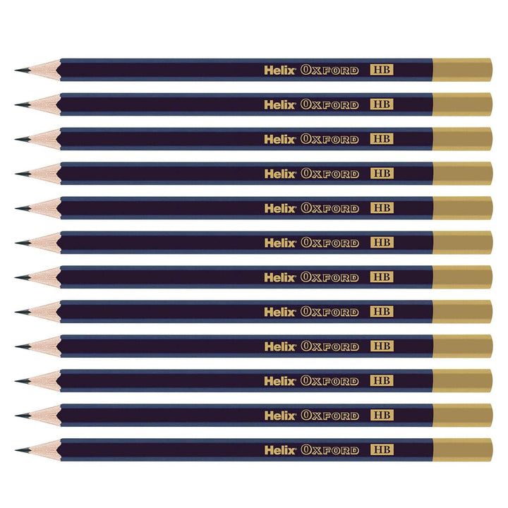 Multiple Helix Oxford HB pencils arranged in a row on a white background