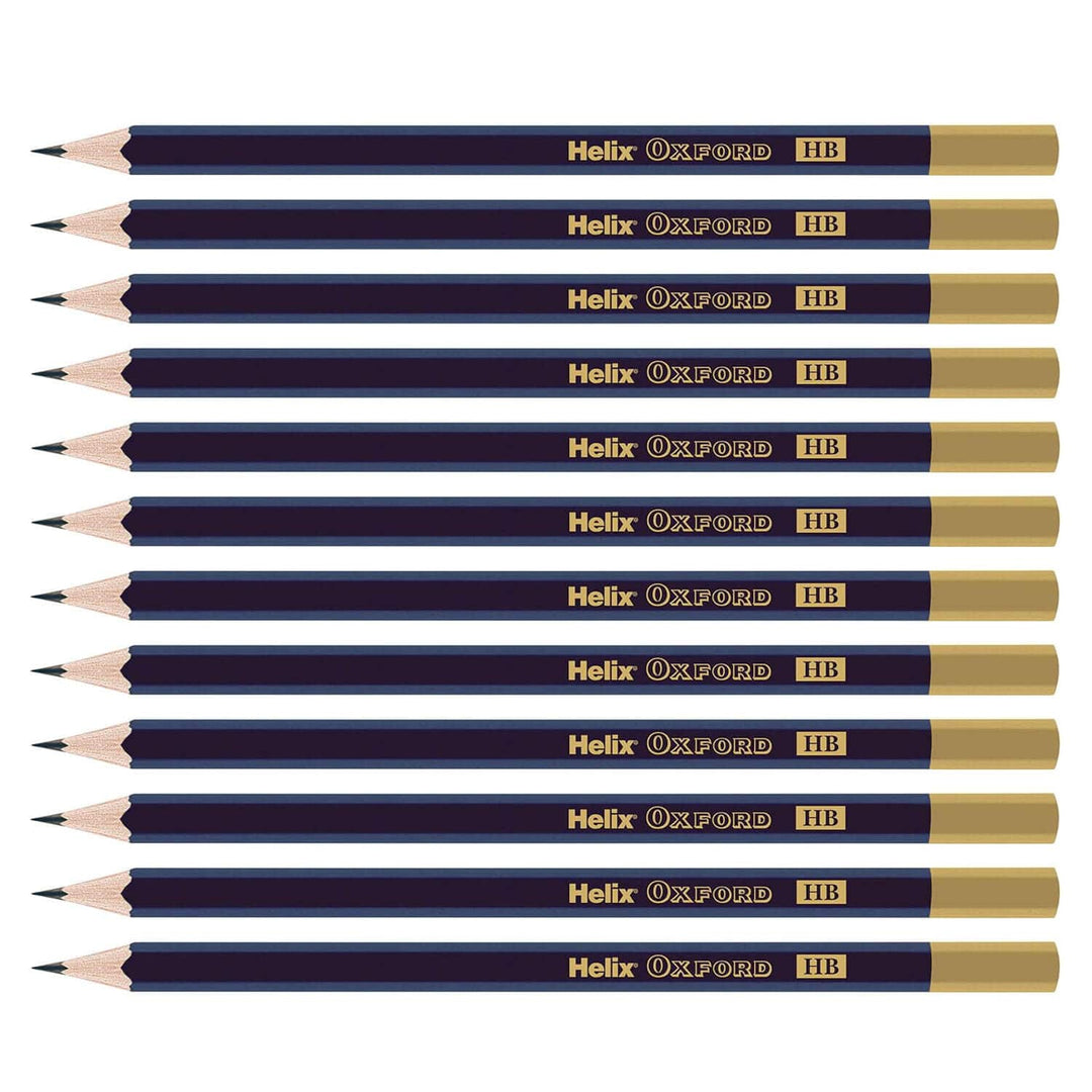 Multiple Helix Oxford HB pencils arranged in a row on a white background