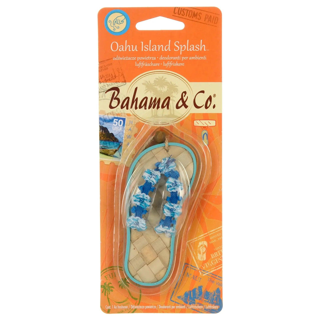 Bahama & Co beach sandal shape car air freshener with the scent of Oahu Island Splash for hanging in your car