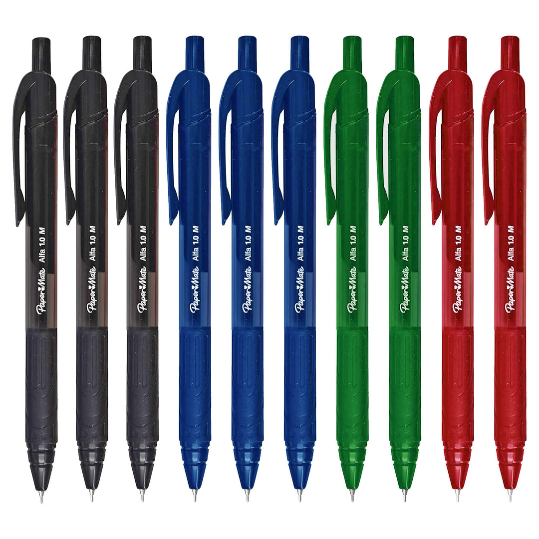 Set of pens in black, blue, green, and red on a white background