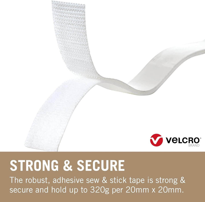 White Velcro tape with text highlighting its strength and security on a beige background