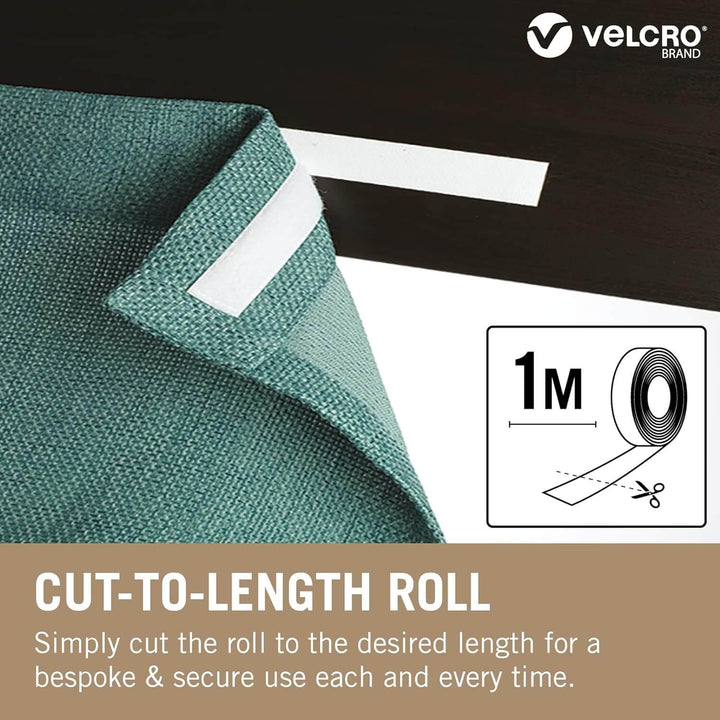 Velcro brand cut-to-length roll with green fabric and measurement details on a dark background