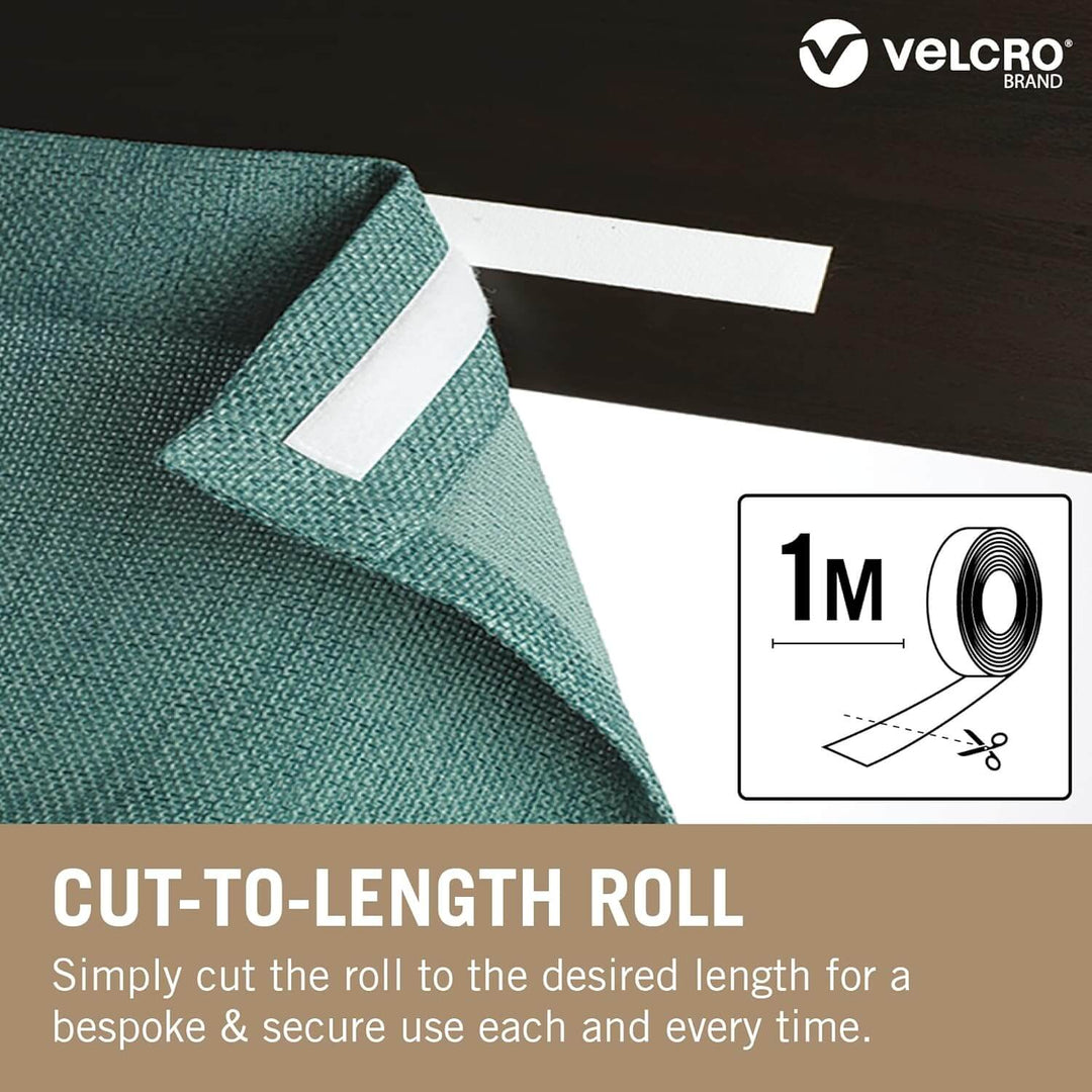 Velcro brand cut-to-length roll with green fabric and measurement details on a dark background