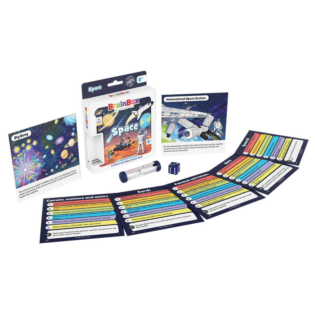 Brain Box space-themed educational game set with cards and packaging on a white background
