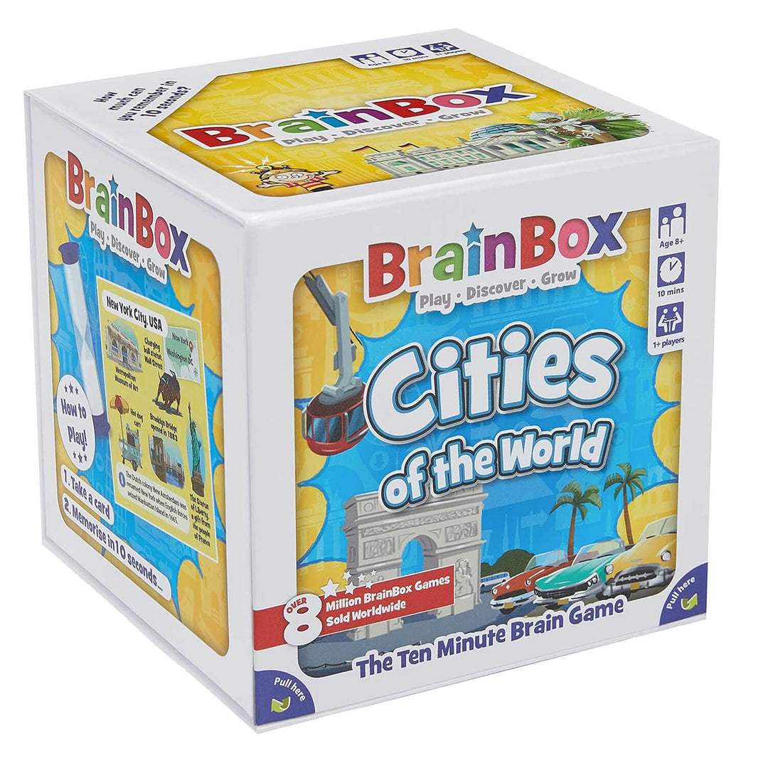 BrainBox Cities of the World educational game box on a white background