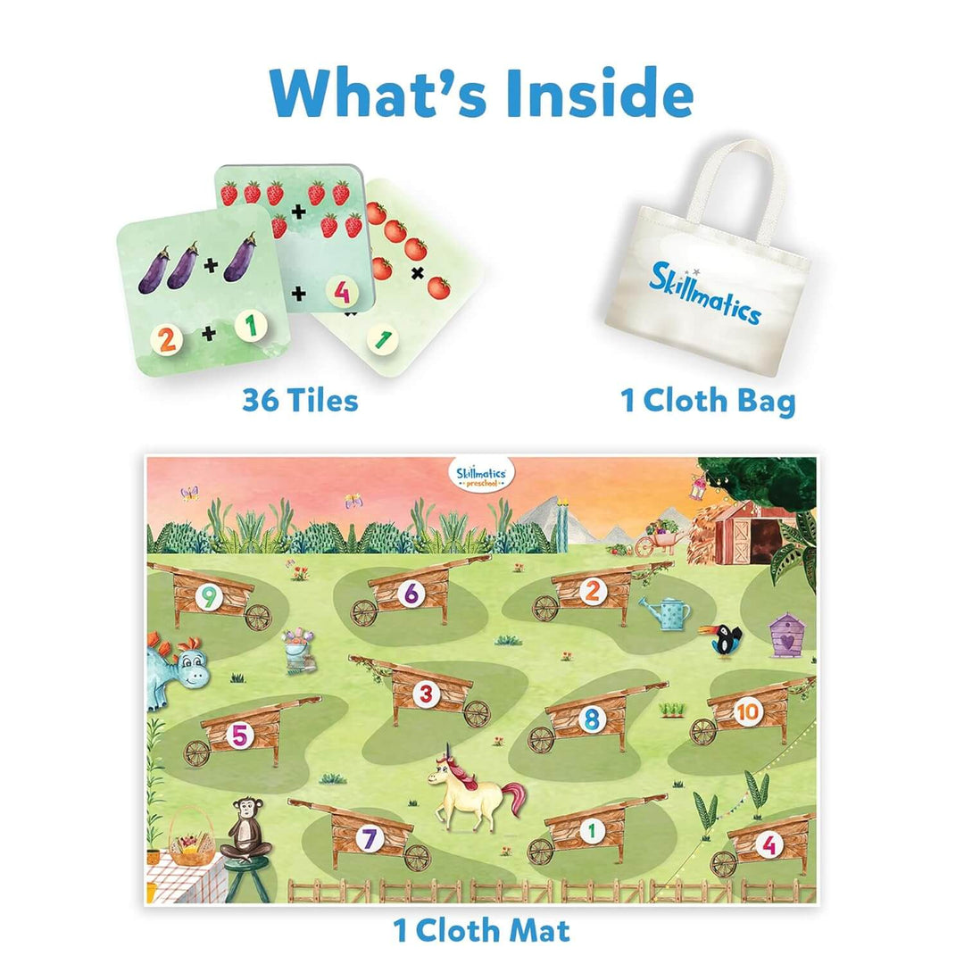 Product packaging with tiles, cloth bag, and mat featuring Skillmatics branding.