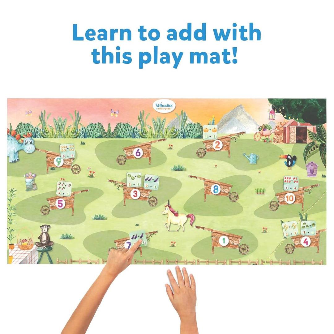 Large play mat for kids learning to add and count carts of fruit and vegetable