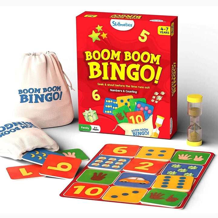 Boom Boom Bingo game set with box, board, numbers and counting card tiles, and sand timer on a white background