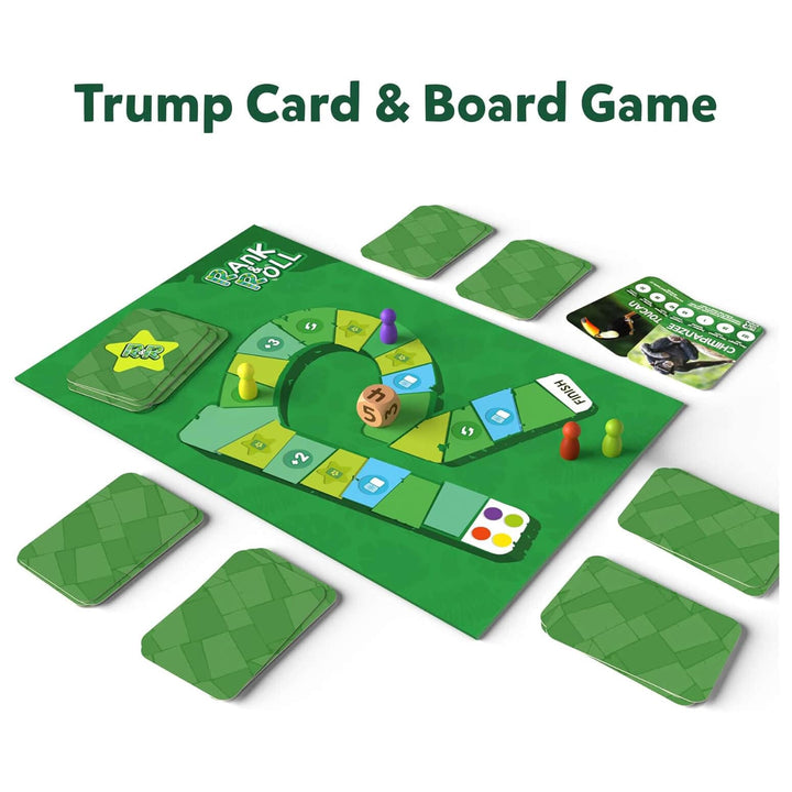 Rank & Roll trump card and board game with wooden dice and board pieces