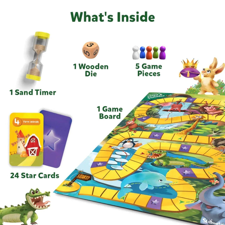 Game board, game pieces, die, timer and star cards from inside the box of Leaps &amp; Tumbles board game