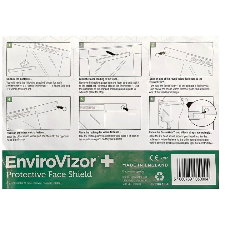 Instructions with diagrams for using a protective face shield