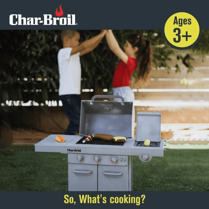 graphic shows kids bbq set in the garden with two kids in the background high fiving each other text reads "so, what&